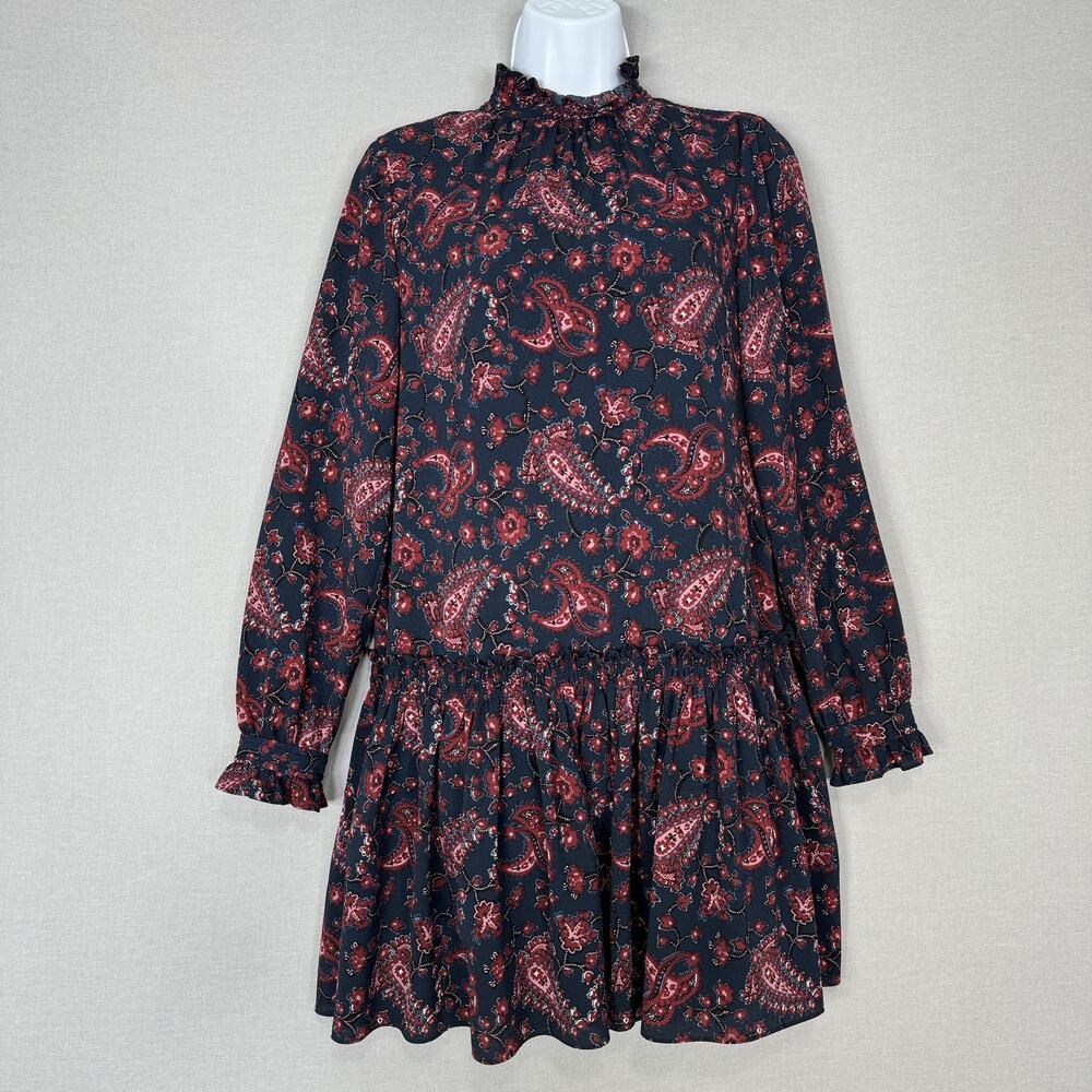 La Vie Rebecca Taylor Madeleine Mini Dress Womens XS Navy Paisley Flounce Boho